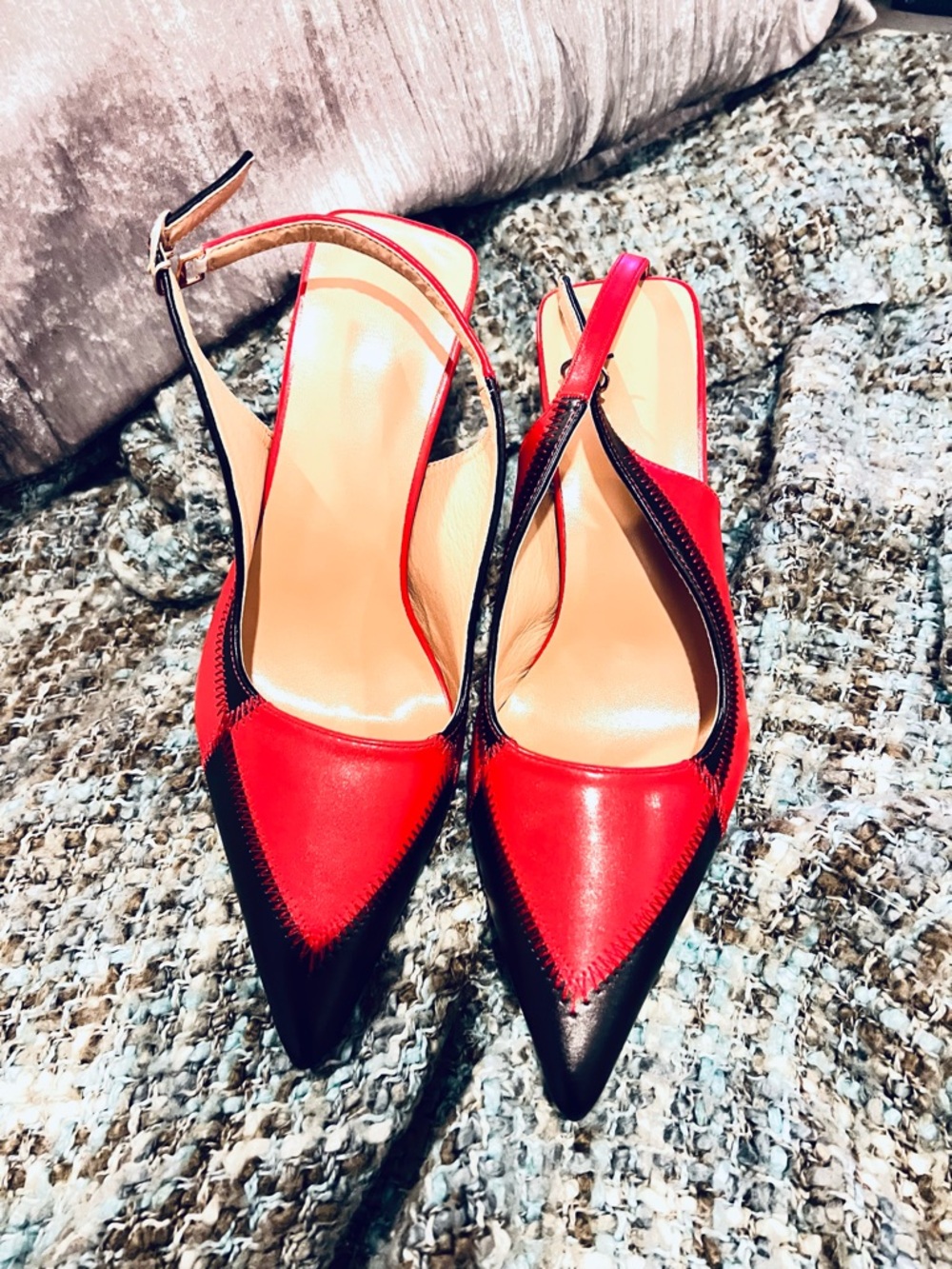 Pointed Red and Black Slingback Heels for Women